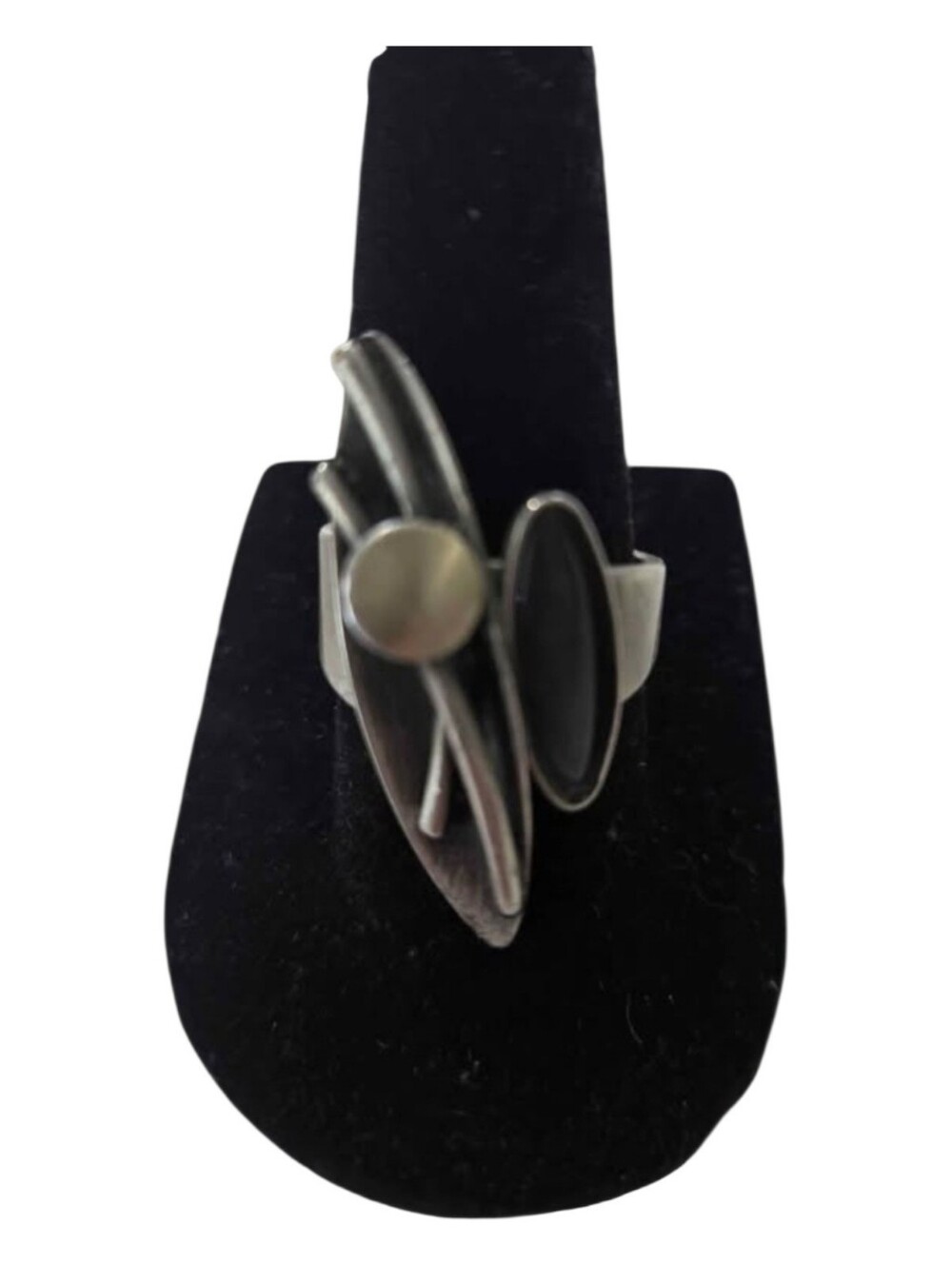 Vintage Christophe Poly Modernist Geometric Statement Ring Silver Tone Black